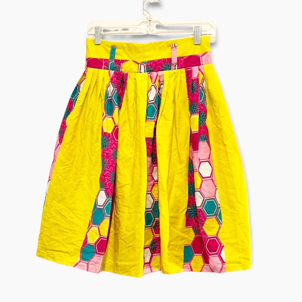 Handmade Vlisco Wax Fabric Hollandais Pleated Skirt Yellow & Hexagons Sz 8